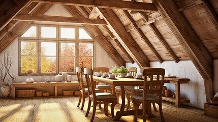 Fototapeta premium In soft afternoon light, a cozy attic dining room with exposed wooden beams exudes rustic charm, showcasing vintage elegance through the wooden elements.