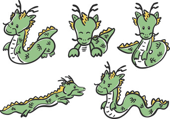 Hand-drawn illustration set of cute smiling dragons, dragons, new year's cards / 笑顔のかわいい辰、龍、ドラゴン、年賀素材の手描きイラストセット