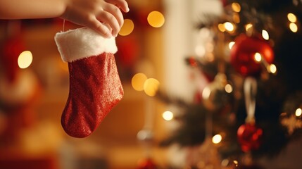 Child's hand reaching for a Christmas stocking