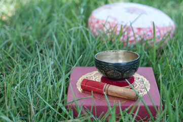 tibetan bowl on the green grass
