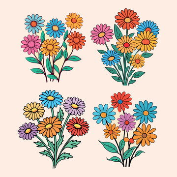 set hand drawn cartoon image of colorful flowers