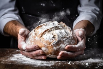 Baker is making in oven fresh sourdough bread with mess of flour on table. Generative Ai.