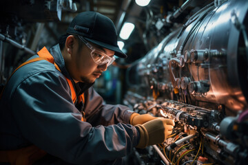 Japan worker working on maintenance and repair tasks near the reactor in reactor area. - obrazy, fototapety, plakaty