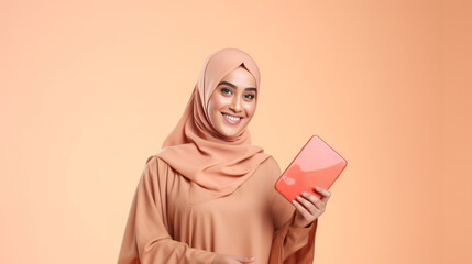 Obraz premium Muslim Arab Woman wearing a hijab holding smartphone and bright paper shopping bags on a studio background Concept of Shopping, Black Friday sale and Cyber Monday online.