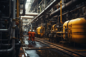 Fototapeta na wymiar Back view of workers standing in reactor area with large machinery and pipes. 