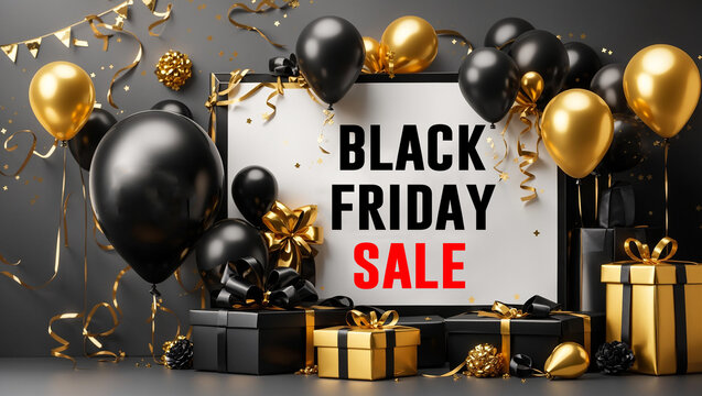 Black friday sale banner with giftbox, black and golden balloon