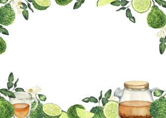 Watercolor illustration of glass teapot and teacup of tasty bergamot tea and fresh bergamot fruits, leaves and flowers on white background. Hand drawn illustration perfect for menu, packaging.