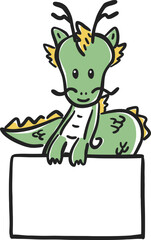 Hand-drawn illustration of a smiling cute dragon holding a sign, a dragon, New Year's card material / 看板を持った笑顔のかわいい辰、龍、ドラゴン、年賀素材の手描きイラスト