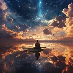 Foto op Canvas Isolated person gazes at the heavenly sky in a fantasy landscape, immersed in meditation and spiritual reflection. © Young