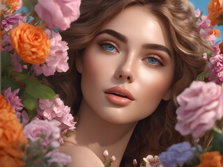 Obraz na płótnie Canvas beauty photography. portrait model in flowers. Beautiful healthy facial skin. beauty industry advertising. generative AI