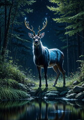 Celestial Canopy and Noble Stag: A Midnight Forest Symphony