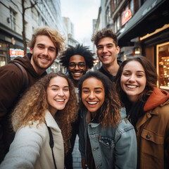 Generative AI,multiethnic group of friends smiling and looking at camera in city
