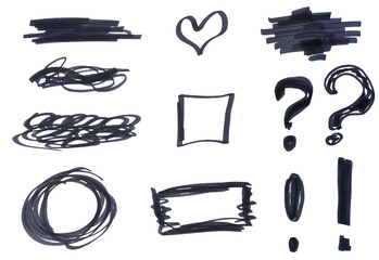 Various black marker shapes on a white background, frame, heart and question mark