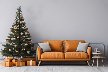 Living Room Christmas interior in Scandinavian style. Christmas tree with gift boxes. Orange sofa on bright wall Mockup. 3d render, 3d illustration. generative ai.