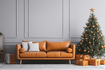 Living Room Christmas interior in Scandinavian style. Christmas tree with gift boxes. Orange sofa on bright wall Mockup. 3d render, 3d illustration. generative ai.