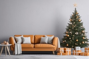 Living Room Christmas interior in Scandinavian style. Christmas tree with gift boxes. Orange sofa on bright wall Mockup. 3d render, 3d illustration. generative ai.