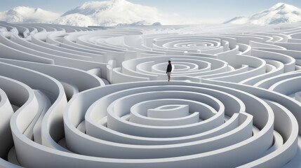 Confused man trapped in white circular maze.