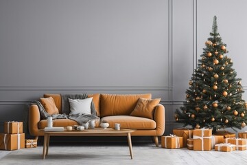 Living Room Christmas interior in Scandinavian style. Christmas tree with gift boxes. Orange sofa on bright wall Mockup. 3d render, 3d illustration. generative ai.