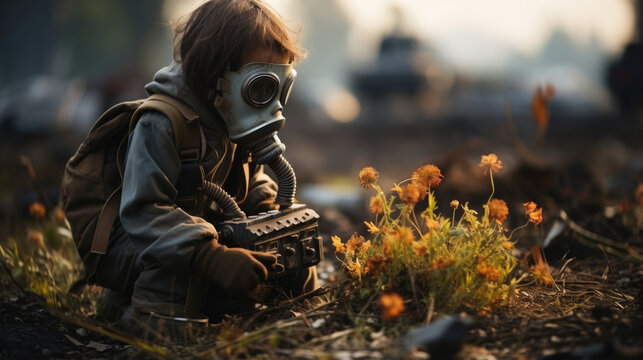 Child in a gas mask grows a flower in a post-apocalyptic world.
