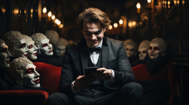  Hypocritical, insincere, two-faced man with phone. Liar macho concept.