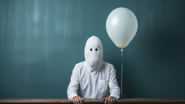 illustration of surreal man with tunics face and white balloon.