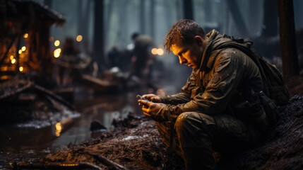 A man in a military uniform sits and looks at the phone. - obrazy, fototapety, plakaty