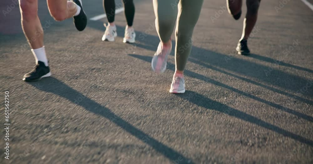 Poster People, legs and running on road in exercise, outdoor fitness or cardio training on asphalt. Closeup of active or athlete group of runners feet in sprint, race or practice on street for lose weight