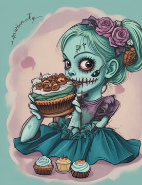 Illustrate an endearing zombie character with stitched-up patches, enjoying a cupcake at a Halloween party