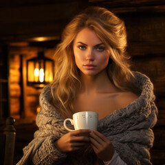 beautiful blonde and white woman drinking coffee from a white cup in red coat