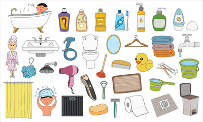 Kids drawing Cartoon Vector illustration Set of bathroom elements icon in doodle style