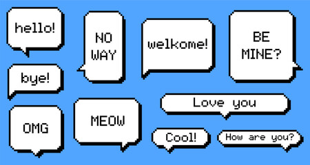 Collection different pixel texting dialogue boxes or speech bubble with phrases isolated on blue background.