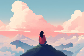color block pastel illustration of woman from the back sitting in mindful meditating in nature mountain clouds sky peace/clarity/mental wellbeing/balance digital painting hand drawn look - obrazy, fototapety, plakaty