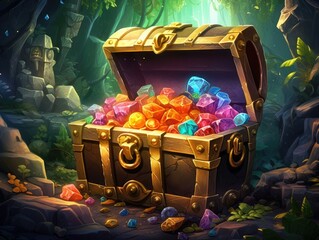 An open Treasure Chest filled with a lot of with gems in a cave - 651565344