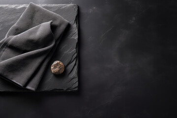 Black clay board with towel on dark empty background with space for products or text.generative ai
