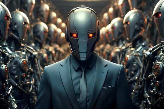 AI robots standing in big hall. Robots replacing humans. Unemployment, artificial intelligence and robotization effects on employment. Generative AI.