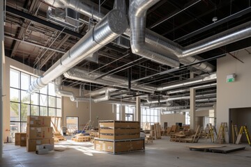 empty office woking space in renovation construction office improvement interior space background daylight full of equipment bareshell space