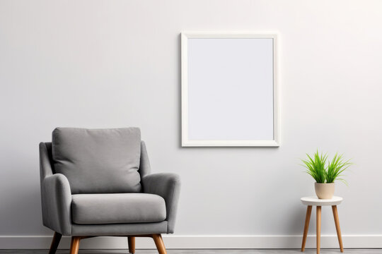 Minimalist scene with armchair, green plant and frame on wall with white empty background with space for graphics, picture or text.generative ai
