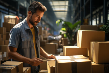 Fototapeta na wymiar Concentrated young man merchandizing cardboard boxes while working in warehouse