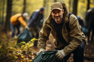 Fototapeta premium Confident male ecology activist cleaning up forest from garbage with his friends together