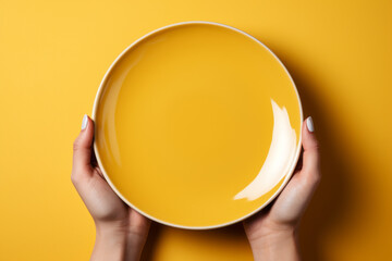 Close-up top view of hands holding empty yellow plate upon yellow table - Powered by Adobe