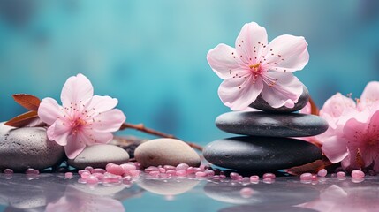Fototapeta na wymiar Grey stones and pink flowers on clean background, Concept of balance and harmony for spa website Copy Space 