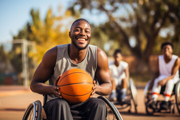 Cheerful young disabled basketball player holding a ball while sitting on wheelchair outdoors