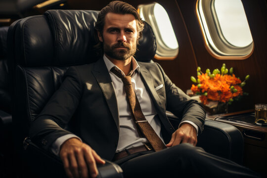 Confident young man in formalwear looking at camera while sitting at the comfortable leather seat in private airplane
