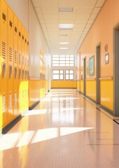 University hallway with modern yellow row of lockers on the wall, clean school interior. Generative Ai.
