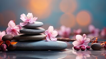 Panoramic still life for harmony in spa, massage or yoga. Stack of spa mineral pebbles with pink flowers on defocused wellness background. Copy space
