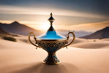 magical lamp in the desert with the Genie emerging in blue smoke serves as a metaphor for good fortune and magic - obrazy, fototapety, plakaty