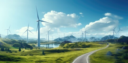 Wind power station with cloudy blue sky background. - obrazy, fototapety, plakaty