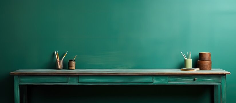 large paint brushes on green wooden desks