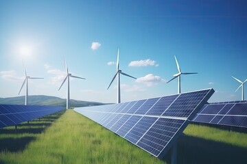 Wind turbine and solar panels on the grass field background.