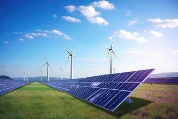 Wind turbine and solar panels on the grass field background.